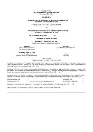 Thumbnail Assembly Biosciences 10-Q Quarterly Report FY2015 
