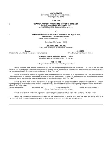 Thumbnail Landmark Bancorp 10-Q Quarterly Report FY2015 