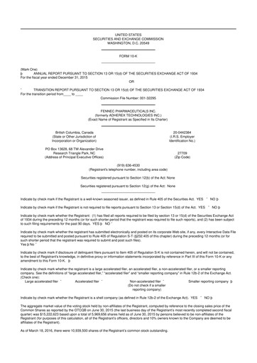 Miniature Fennec Pharmaceuticals 10-K Rapport annuel 2015