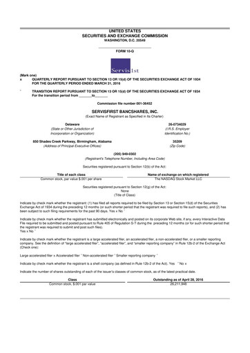 Thumbnail ServisFirst Bancshares 10-Q Quarterly Report FY2016 