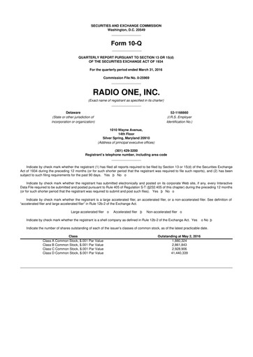 Miniature Urban One
 10-Q Rapport trimestriel 2016 