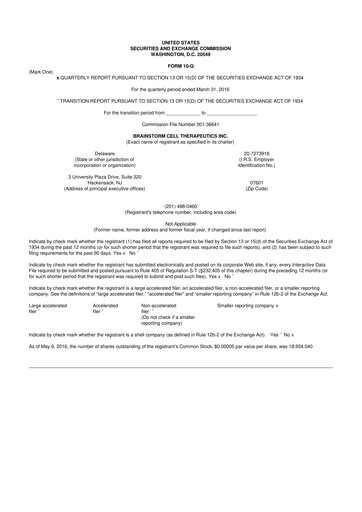 Vorschaubild BrainStorm Cell Therapeutics 10-Q Quartalsbericht 2016 