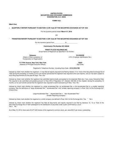 Miniature Trinity Place Holdings
 10-Q Rapport trimestriel 2016 