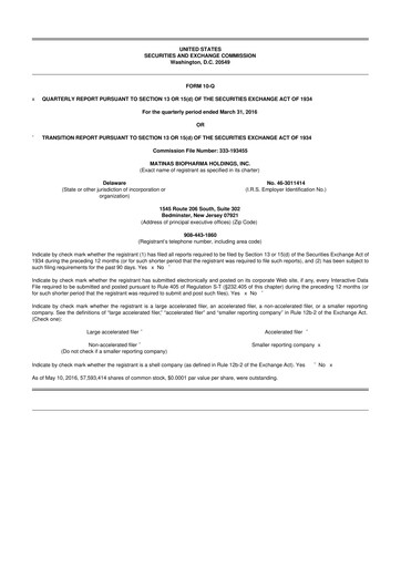 Thumbnail Matinas BioPharma 10-Q Quarterly Report FY2016 