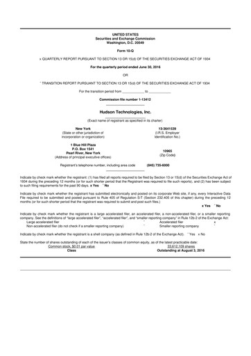 Thumbnail Hudson Technologies 10-Q Quarterly Report FY 