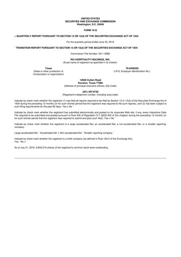 Thumbnail RCI Hospitality Holdings 10-Q Quarterly Report FY2016 