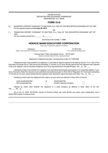 Thumbnail Horace Mann Educators 10-Q Quarterly Report FY2016 