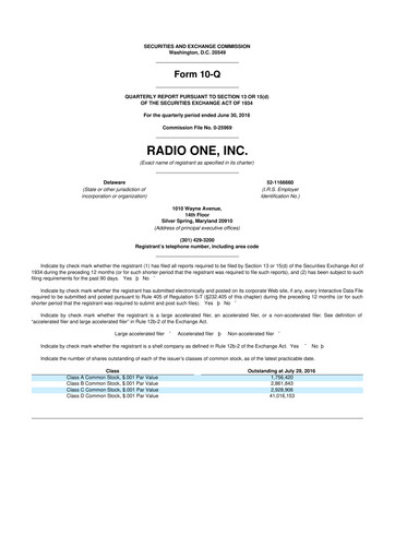 Miniature Urban One
 10-Q Rapport trimestriel 2016 