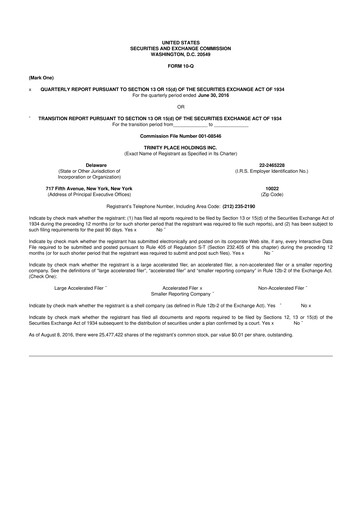 Miniature Trinity Place Holdings
 10-Q Rapport trimestriel 2016 