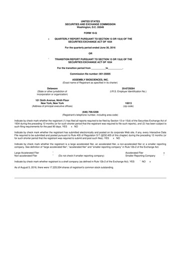 Thumbnail Assembly Biosciences 10-Q Quarterly Report FY2016 
