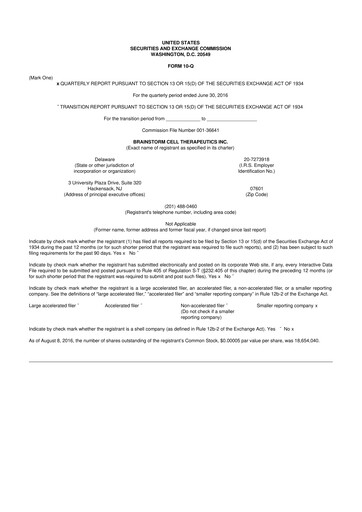 Vorschaubild BrainStorm Cell Therapeutics 10-Q Quartalsbericht 2016 