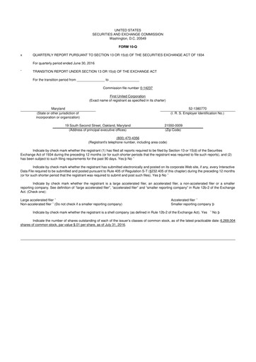 Thumbnail First United Corporation 10-Q Quarterly Report FY2016 