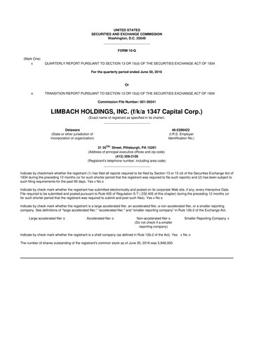 Thumbnail Limbach Holdings 10-Q Quarterly Report FY2016 