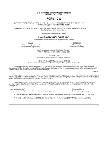 Miniature Iovance Biotherapeutics
 10-Q Rapport trimestriel 2016 