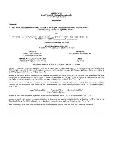 Miniature Trinity Place Holdings
 10-Q Rapport trimestriel 2016 