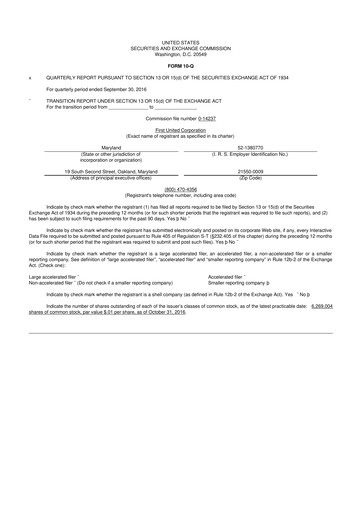 Thumbnail First United Corporation 10-Q Quarterly Report FY2016 