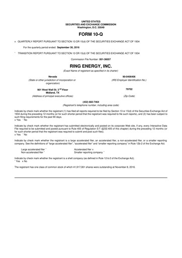 Miniature Ring Energy
 10-Q Rapport trimestriel 2016 