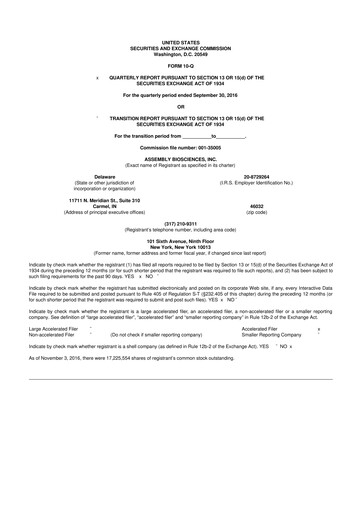 Thumbnail Assembly Biosciences 10-Q Quarterly Report FY2016 