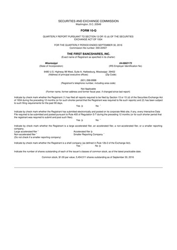 Miniature The First Bancshares 10-Q Rapport trimestriel 2016 