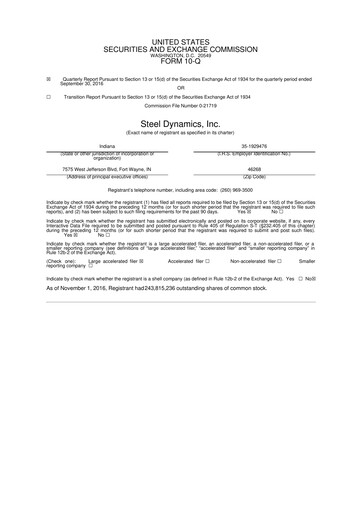 Thumbnail Steel Dynamics
 10-Q Quarterly Report FY2016 