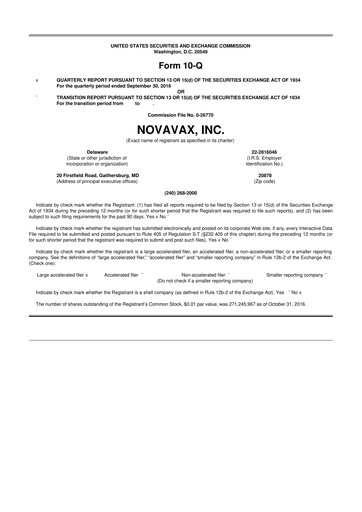 Thumbnail Novavax 10-Q Quarterly Report FY2016 