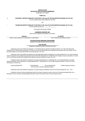 Thumbnail Landmark Bancorp 10-Q Quarterly Report FY2016 