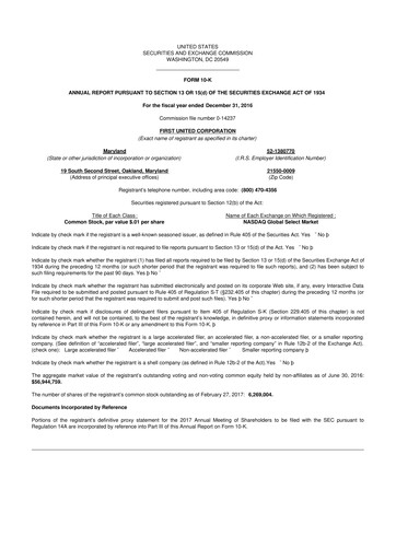 Thumbnail First United Corporation 10-K Annual Report 2016