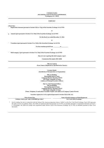 Thumbnail BIT Mining (500.com) 20-F Annual Report 2016
