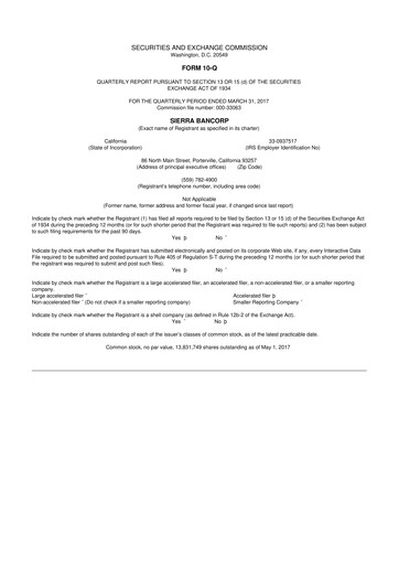 Thumbnail Sierra Bancorp
 10-Q Quarterly Report FY2017 