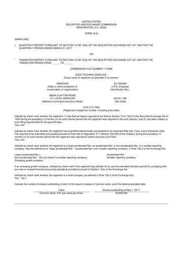 Thumbnail ESCO Technologies
 10-Q Quarterly Report FY2017 