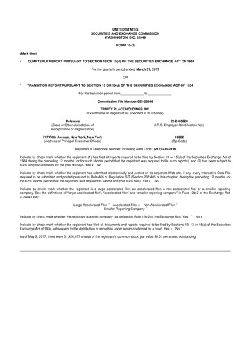 Miniature Trinity Place Holdings
 10-Q Rapport trimestriel 2017 