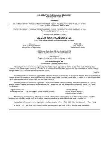 Miniature Iovance Biotherapeutics
 10-Q Rapport trimestriel 2017 