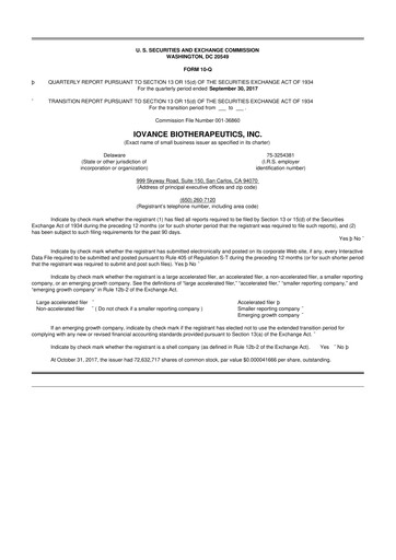 Miniature Iovance Biotherapeutics
 10-Q Rapport trimestriel 2017 