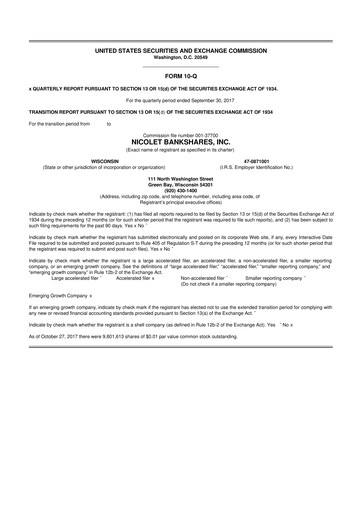 Thumbnail Nicolet Bankshares 10-Q Quarterly Report FY2017 