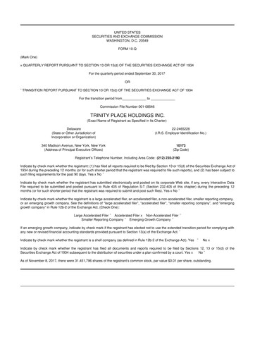 Miniature Trinity Place Holdings
 10-Q Rapport trimestriel 2017 