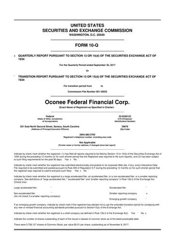 Thumbnail Oconee Federal Financial 10-Q Quarterly Report FY2018 