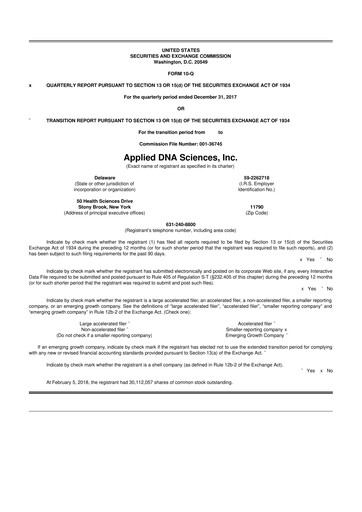 Miniature Applied DNA Sciences
 10-Q Rapport trimestriel 2018 