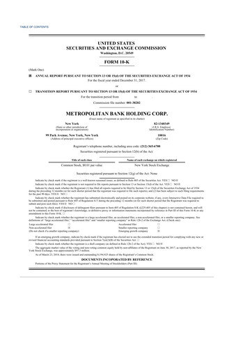 Thumbnail Metropolitan Bank Holding 10-K Annual Report 2017