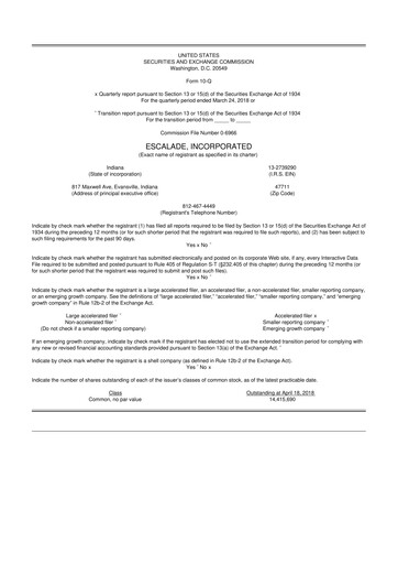 Thumbnail Escalade Sports 10-Q Quarterly Report FY 