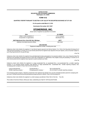 Thumbnail Stoneridge 10-Q Quarterly Report FY2018 