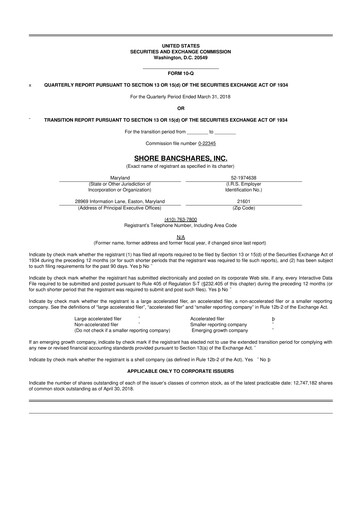 Thumbnail Shore Bancshares 10-Q Quarterly Report FY2018 