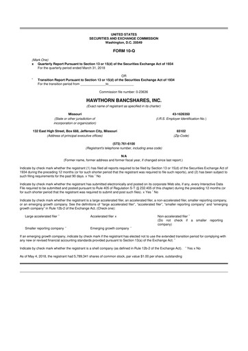 Thumbnail Hawthorn Bancshares 10-Q Quarterly Report FY2018 