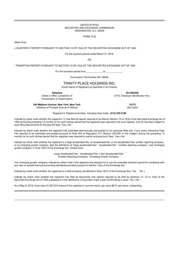 Miniature Trinity Place Holdings
 10-Q Rapport trimestriel 2018 
