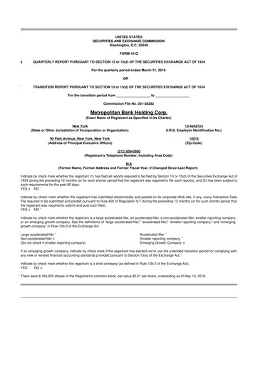 Thumbnail Metropolitan Bank Holding 10-Q Quarterly Report FY2018 