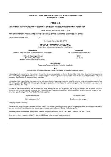 Thumbnail Nicolet Bankshares 10-Q Quarterly Report FY2018 