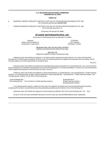 Miniature Iovance Biotherapeutics
 10-Q Rapport trimestriel 2018 