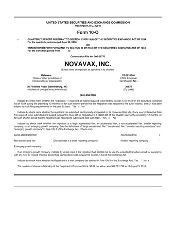 Thumbnail Novavax 10-Q Quarterly Report FY2018 