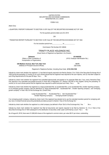 Miniature Trinity Place Holdings
 10-Q Rapport trimestriel 2018 