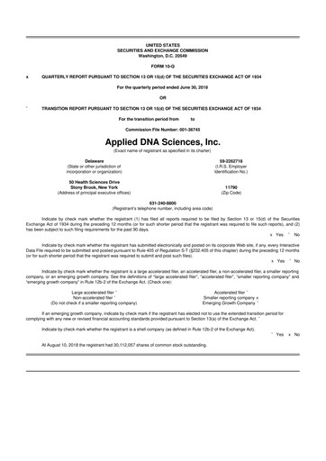 Miniature Applied DNA Sciences
 10-Q Rapport trimestriel 2018 
