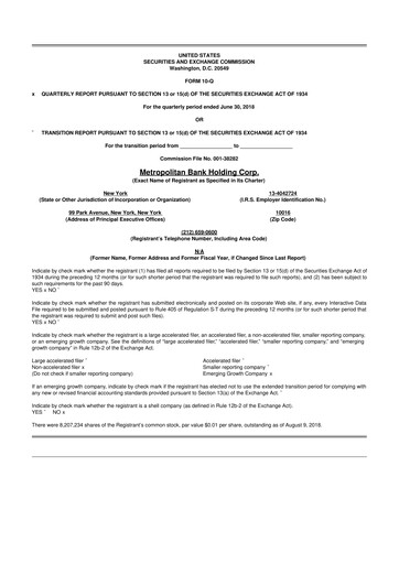 Thumbnail Metropolitan Bank Holding 10-Q Quarterly Report FY2018 